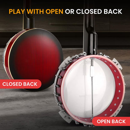Kit de banjo de 5 cordas, som rico, pele Remo, ressonador de sapele, Red Burst — PBJ140