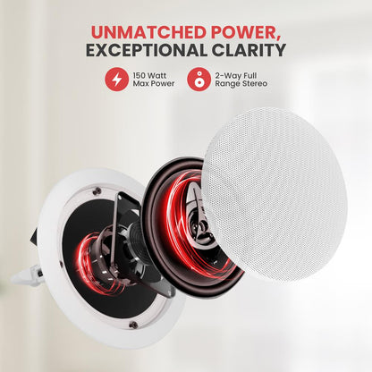 5.25 griestu skaļruņu pāris, 2 joslu stereo skaņa, iebūvējama montāža, 150W, balti