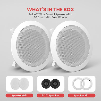 5.25 griestu skaļruņu pāris, 2 joslu stereo skaņa, iebūvējama montāža, 150W, balti