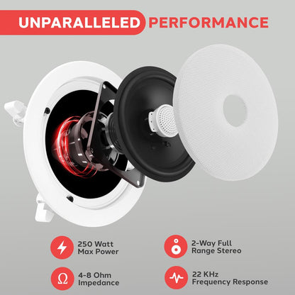 Coppia di altoparlanti da soffitto/parete a incasso da 6.5", 250 W, tweeter in titanio, montaggio a filo