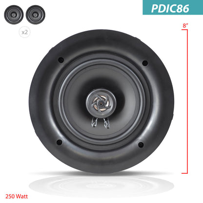 8 griestu/sienas skaļruņu pāris, 250W, 2 joslu stereo skaņa, iebūvējama montāža