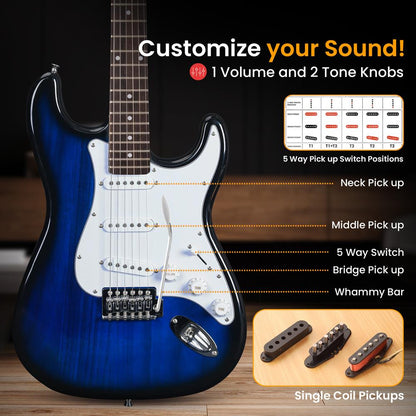 Kit de guitare électrique pour débutants, bois de paulownia, dégradé bleu