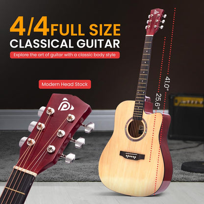 Akustisk begynderguitarsæt i fuld størrelse 4/4, instrument helt i træ, 41", naturligt premium-sæt