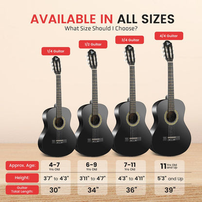 Kit de guitarra acústica para principiantes, tamaño 1/2, totalmente de madera, acabado mate, 34
