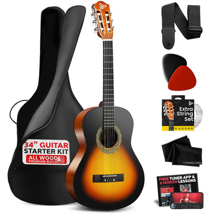 Kit per chitarra acustica per principianti, 34, sunburst, interamente in legno, per bambini e adulti