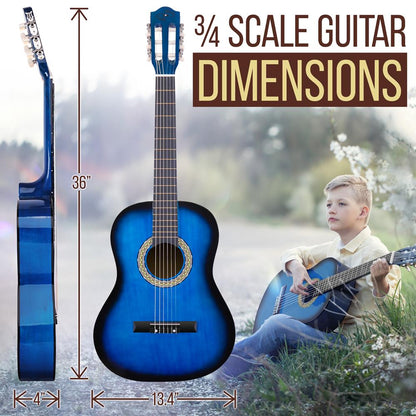 Beginner Acoustic Guitar Kit 3/4 Size Nylon Strings Blue Burst