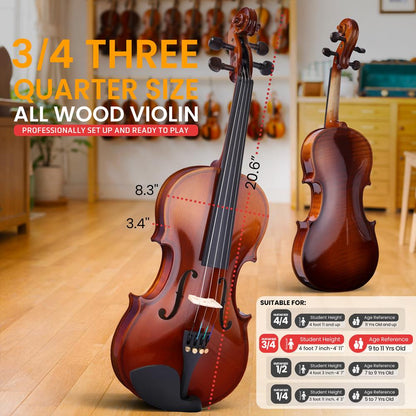 Kit de violín de tamaño 3/4 para principiantes, listo para tocar, cuerpo de madera contrachapada con veta de madera - PGVILN16