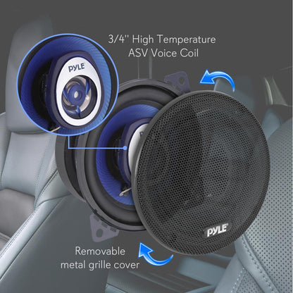 Par de 4 altavoces para coche: 180 W de potencia máxima, cono de polipropileno azul y suspensión de caucho butílico