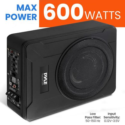 Slim subwooferový systém do auta 8", 600W – vestavěný zesilovač, instalace pod sedadlo