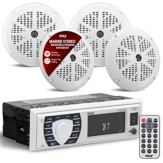 Marine Stereo Receiver Kit Waterproof Bluetooth 4 Speakers White - PLMRKT38W