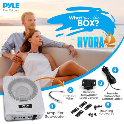 8 600W subwooferový systém Marine – štíhlé provedení, vestavěný zesilovač, stříbrný