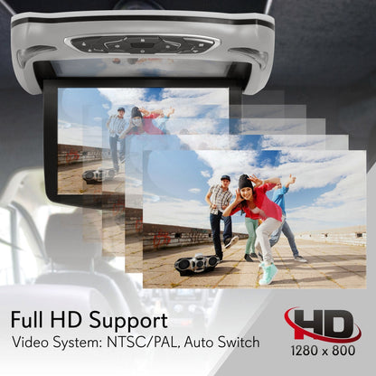 Takmonterad DVD-spelare för bil med 13,3-tums nedfällbar skärm, HDMI, USB, grå – PLRD146