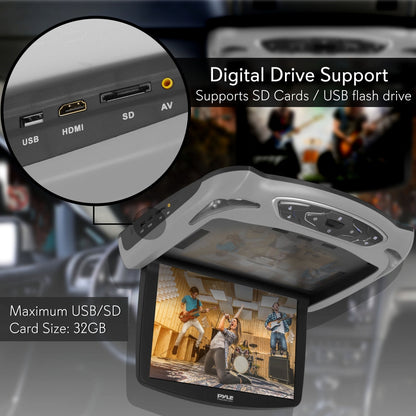 Takmonterad DVD-spelare för bil med 13,3-tums nedfällbar skärm, HDMI, USB, grå – PLRD146