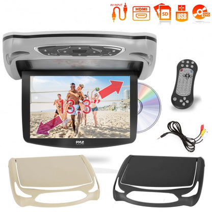 Takmonterad DVD-spelare för bil med 13,3-tums nedfällbar skärm, HDMI, USB, grå – PLRD146
