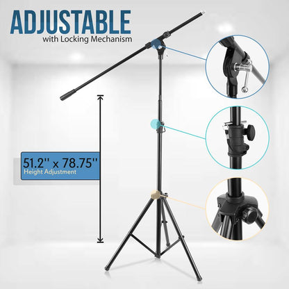 Pied de microphone robuste - hauteur réglable, perche télescopique, alliage d'acier
