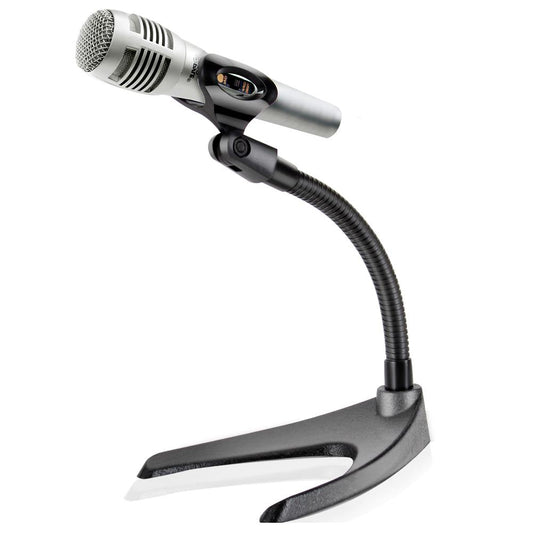 Soporte de micrófono de escritorio, cuello de cisne ajustable y base metálica resistente