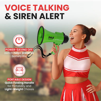 Kompaktowy megafon z syreną, moc 30 W, składany uchwyt, zielony