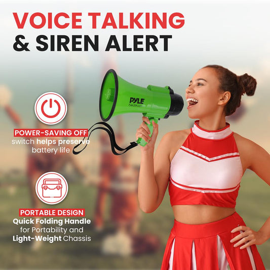 Kompaktes Megafon mit Sirene, 30 W Leistung, klappbarer Griff, Grün