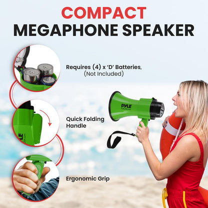Kompaktowy megafon z syreną, moc 30 W, składany uchwyt, zielony