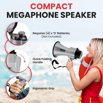 Draagbare megafoonluidspreker, 30W vermogen, sirenemodus, zilver