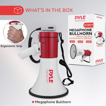 Megafonhögtalare, 50 W, högt ljud, USB/MP3/AUX-ingång, handhållen mikrofon