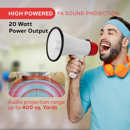 Megafón Bullhorn 20 W s dosahom 400 yardov, AUX vstup, bielo-červený