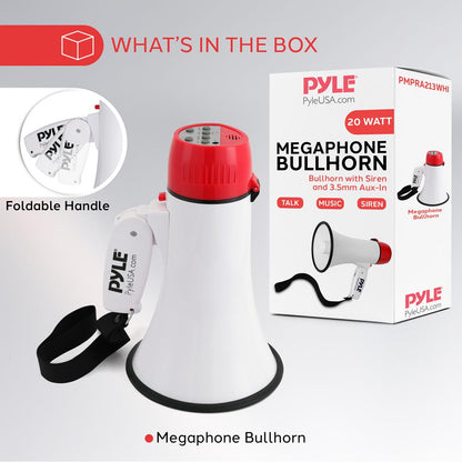 Megafón Bullhorn 20 W s dosahom 400 yardov, AUX vstup, bielo-červený