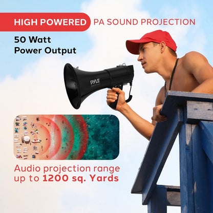 50 W-os megafon, Bullhorn – nagy hangerő, Aux-bemenet, hordozható, szirén funkció