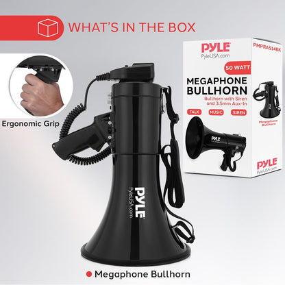 50 W-os megafon, Bullhorn – nagy hangerő, Aux-bemenet, hordozható, szirén funkció