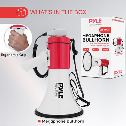 50 W:n megafoni Bullhorn – voimakas sireeni, AUX-tulo, valkoinen–punainen