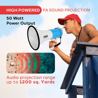 50 W megafonas „Bullhorn“ – garsus projekcijos garsas, automatinė sirena, baltai mėlynas