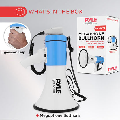 50 W megafonas „Bullhorn“ – garsus projekcijos garsas, automatinė sirena, baltai mėlynas