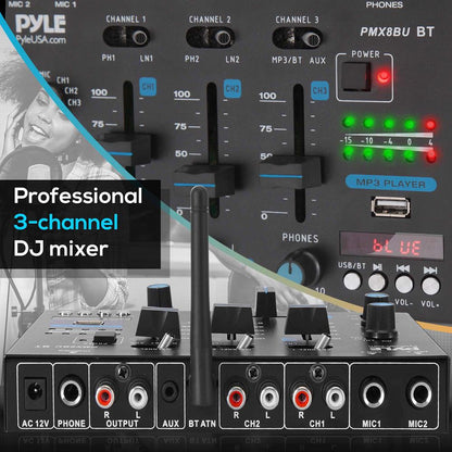 Professional 3-Channel Wireless DJ Mixer with Bluetooth USB and - PMX8BUEU