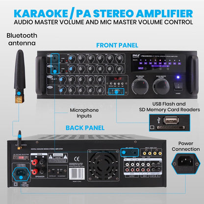 2000 W Bluetooth miksēšanas pastiprinātājs karaokei/PA ar USB/SD un uzstādīšanai statīvā — PMXAKB2000