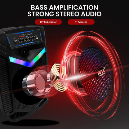 Φορητό ηχείο PA Bluetooth 1200W, επαναφορτιζόμενο, υπογούφερ 15", φώτα πάρτι