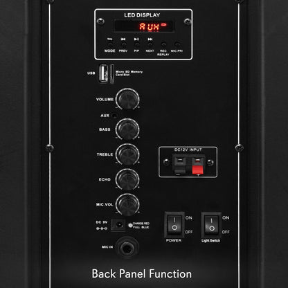 Bezdrátový přenosný PA reproduktor 1200 W s Bluetooth, LED osvětlením a dobíjecí baterií