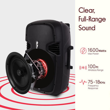 Draagbare Bluetooth-PA-luidspreker 1600 W met oplaadbare batterij, 2 microfoons en wielen