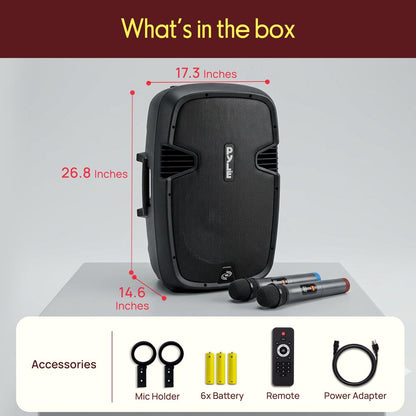 Draagbare Bluetooth-PA-luidspreker 1600 W met oplaadbare batterij, 2 microfoons en wielen