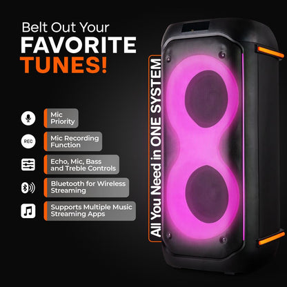 Boxă PA Bluetooth 160W, baterie reîncărcabilă, două difuzoare de 6,5", lumini LED
