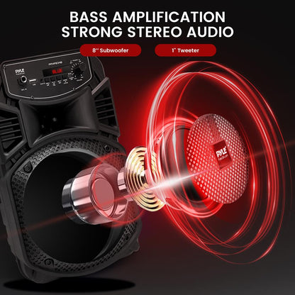 Prenosný Bluetooth PA reproduktor 300 W, nabíjateľný, s 8-palcovým subwooferom a párty svetlami