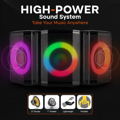 Преносим Bluetooth високоговорител с Hi-Fi звук, 8-инчов басов говорител и LED светлини, 120W