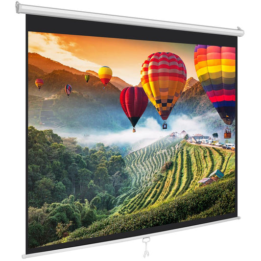 Pantalla de proyección manual retráctil de 84", con bloqueo automático y superficie blanca mate