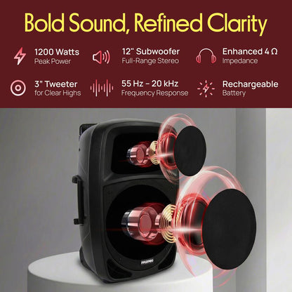 Coluna PA portátil Bluetooth 1200 W com bateria recarregável e subwoofer de 12"